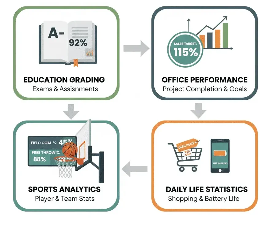 Real-life uses of percentage scores in education, office performance, and sports
