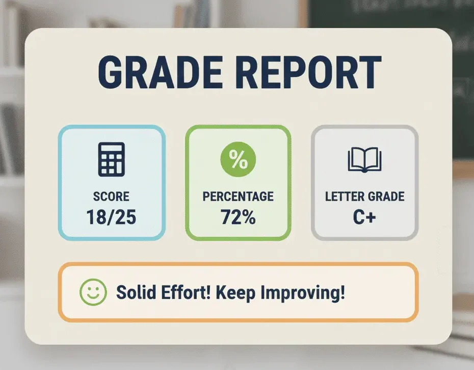 grade breakdown of 14 out of 18 showing percentage and letter grade