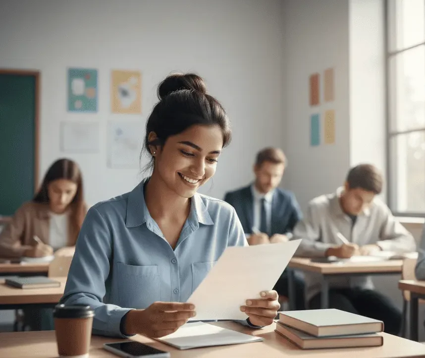 student reviewing test results in classroom setting