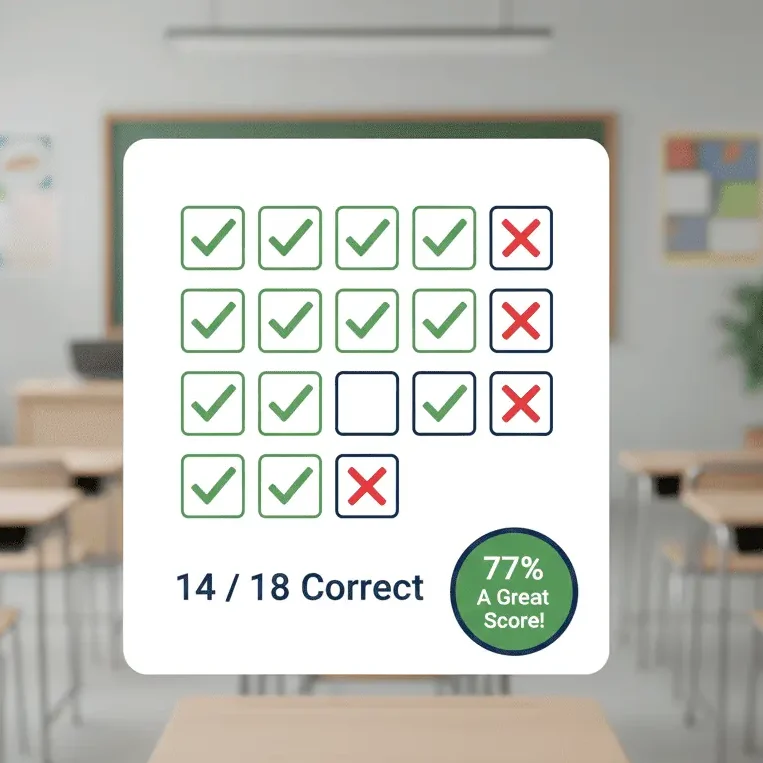 classroom test example showing 14 correct answers out of 18